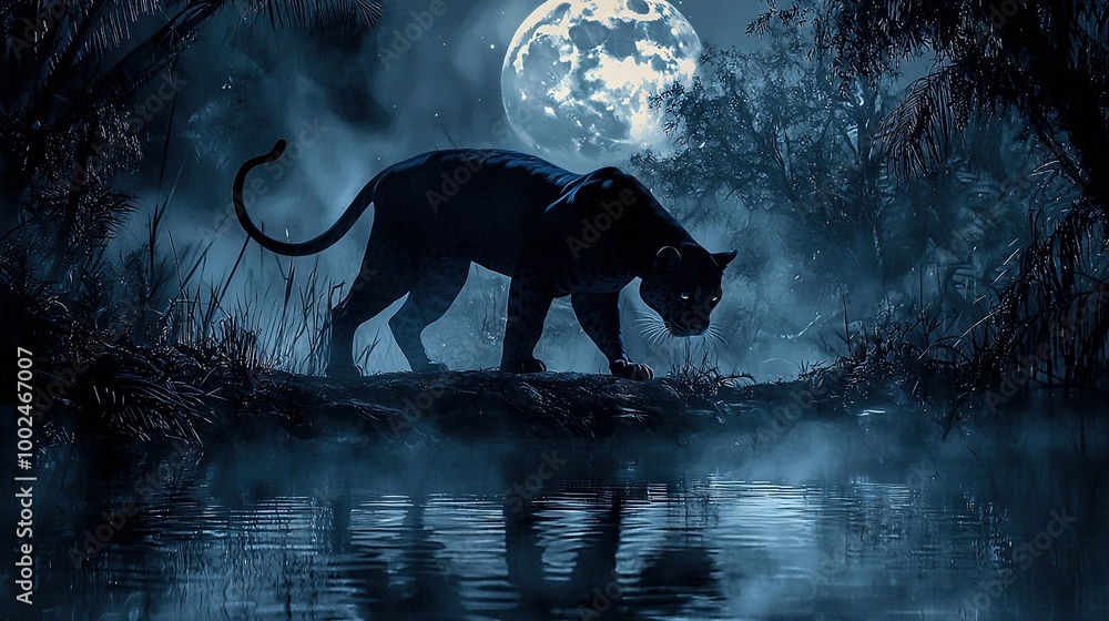 Canvas Prints   Black Tiger on Moonlit Water