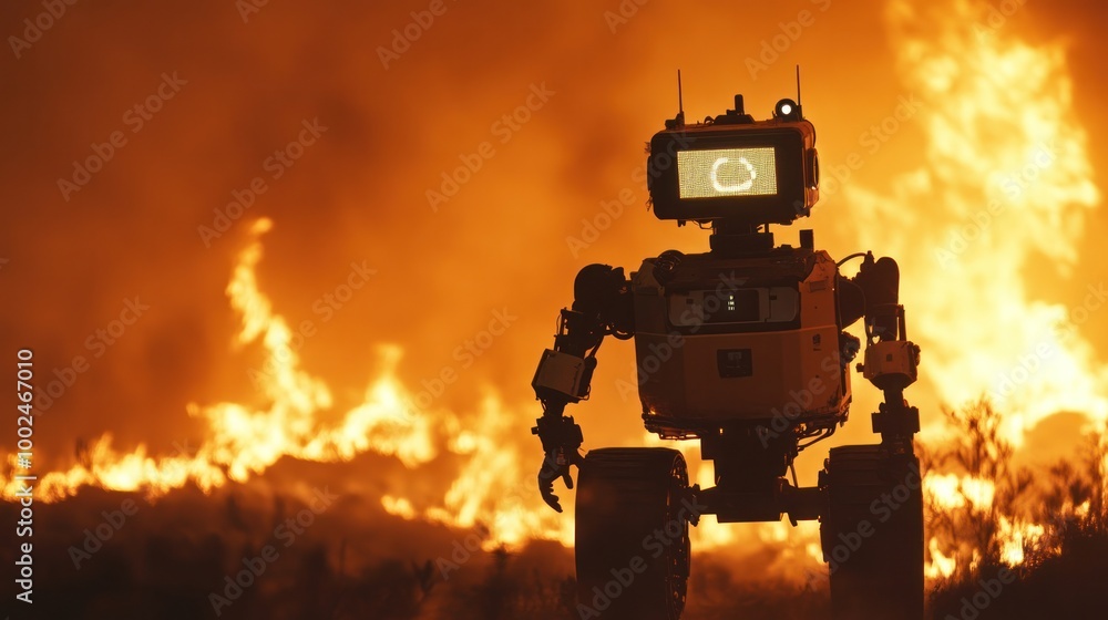 Poster ai-powered robots rushing into disaster zones, assisting humans with rescue operations in areas affe