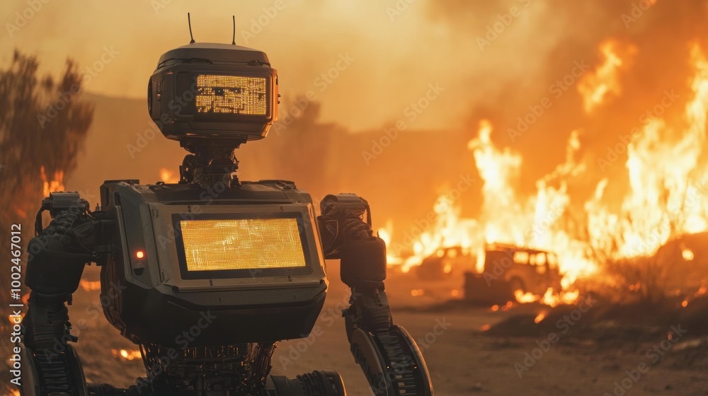 Poster ai-powered robots rushing into disaster zones, assisting humans with rescue operations in areas affe