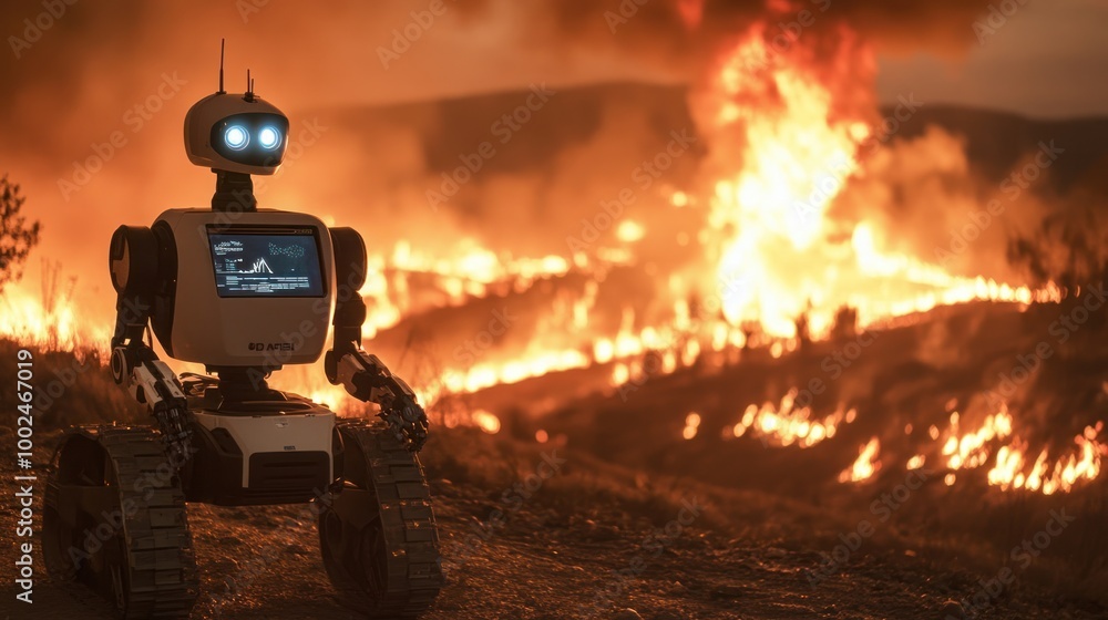 Poster ai-powered robots rushing into disaster zones, assisting humans with rescue operations in areas affe