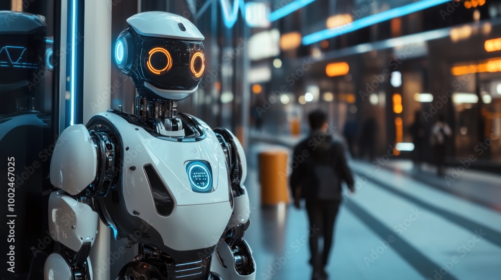 Poster ai-powered robots working seamlessly within the city, providing support in healthcare, public transp