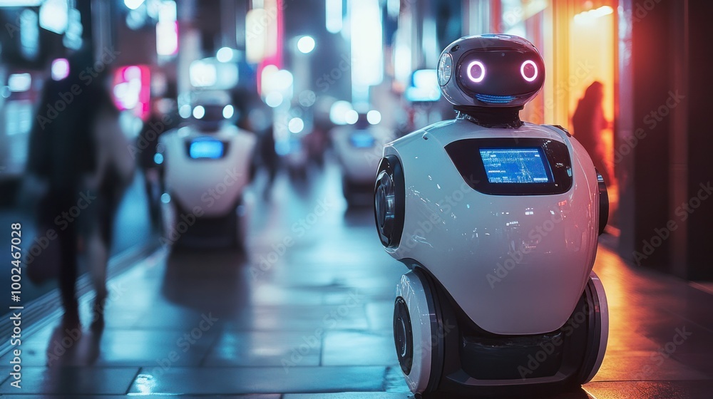 Poster ai-powered robots working seamlessly within the city, providing support in healthcare, public transp