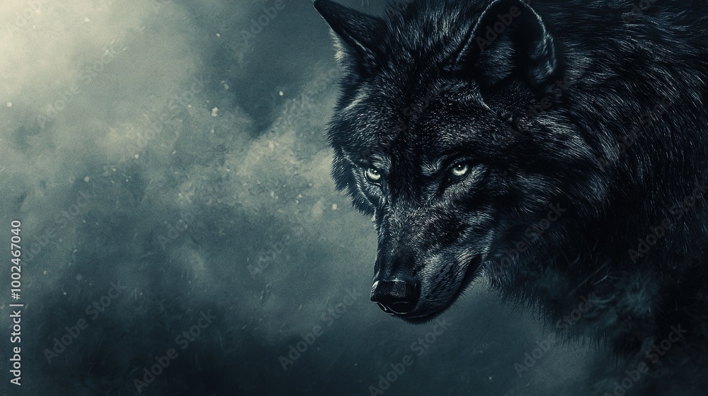 Canvas Prints   Wolf's face close-up on dark background with cloudy sky in foreground