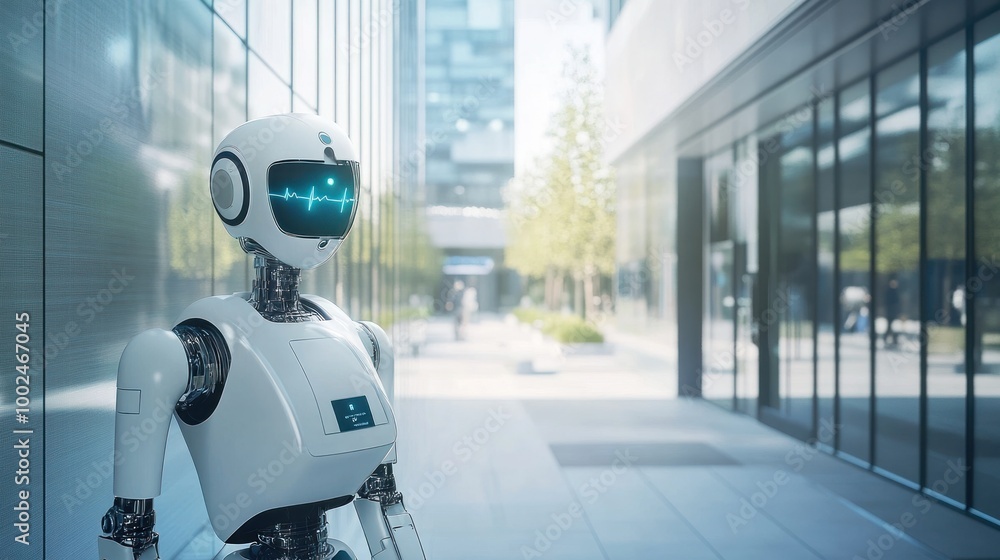 Poster ai-powered robots working seamlessly within the city, providing support in healthcare, public transp