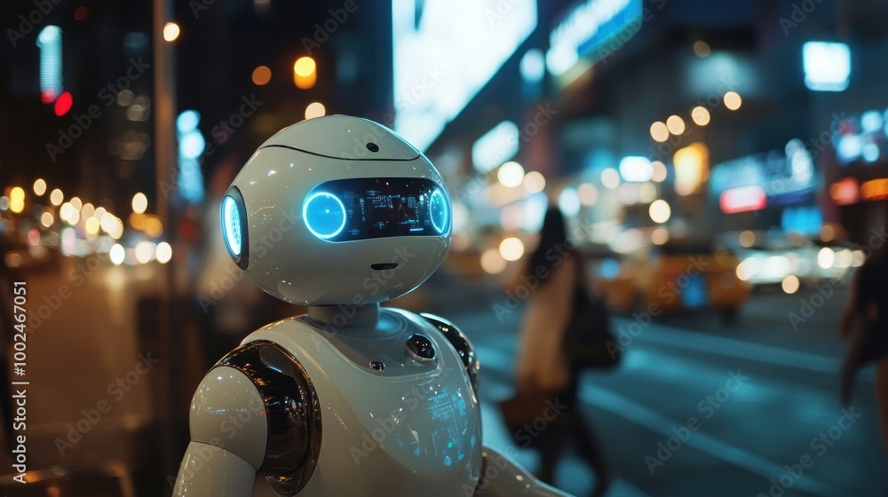Poster ai-powered robots working seamlessly within the city, providing support in healthcare, public transp