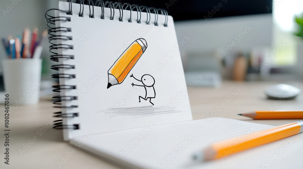 Poster a notebook with pencil and paper on desk next to a computer, ai