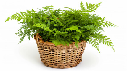 Naklejka premium Lush green ferns in a woven basket on a clean white background for decorative purposes