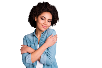 Portrait of cute charming millennial people cuddle close eyes have free time weekend bonding comfy wear fashionable nice denim clothing isolated grey background