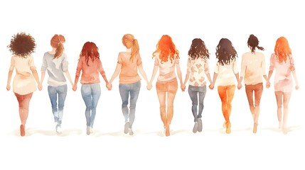 Naklejka premium A watercolor, realistic, and detailed illustration of a group of people holding hands in different colors and skin tones