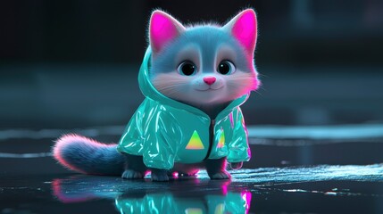 Cute Cartoon Cat Wearing a Neon Green Hoodie