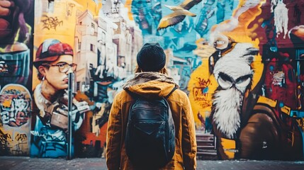 A millennial photographer capturing street art in an urban setting