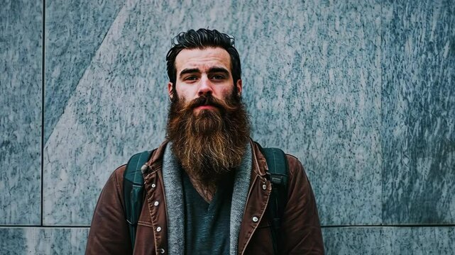 A man with a long, full beard stands against a textured wall, looking straight ahead