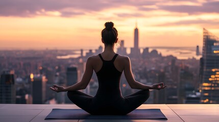 A young woman practicing yoga on a rooftop with city views