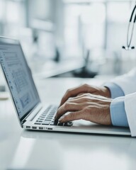 Close-Up of Doctor's Hands Typing on Laptop in White Coat with Blurred Office Background