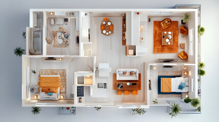  house Floor plan , 3d modern living room with kitchen and dining area, top view , top view for layout. 
