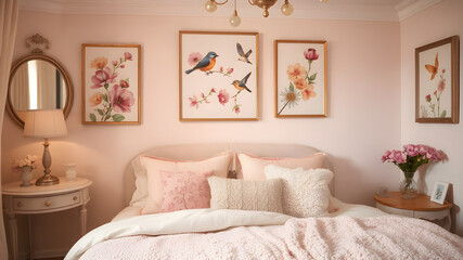 A cozy bedroom that includes a comfortable bed, a stylish nightstand, a decorative mirror, and beautiful paintings adorning the wall