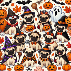 Cute Pugs Dressed in Halloween Costumes with Pumpkins and Bats