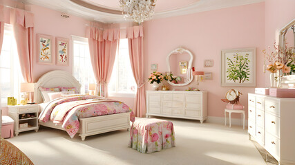 interior of bedroom with pink bed