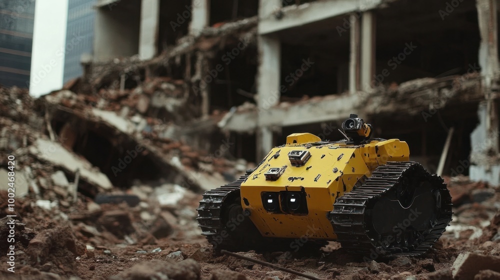 Poster autonomous robots using advanced technology to navigate collapsed buildings and locate survivors, ai