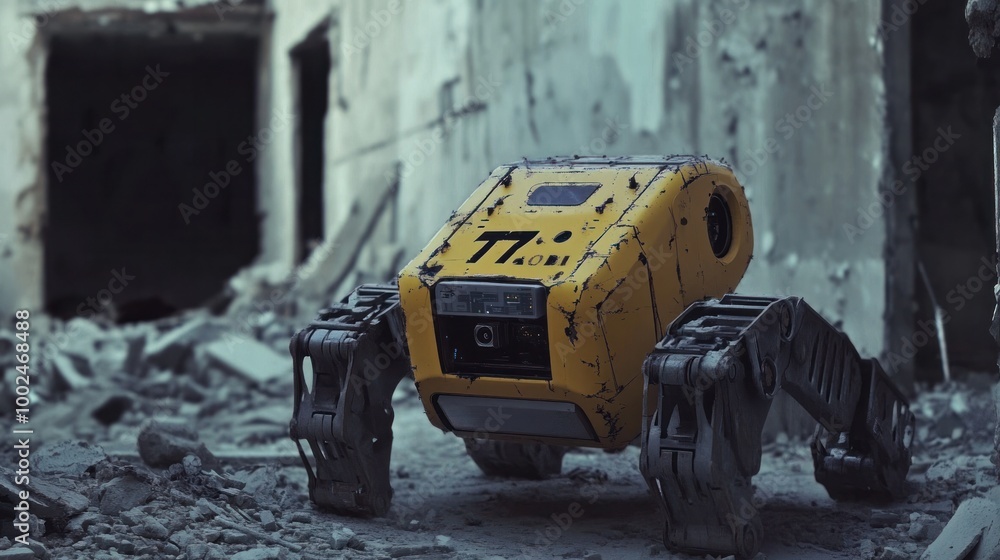 Poster autonomous robots using advanced technology to navigate collapsed buildings and locate survivors, ai