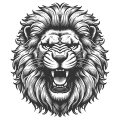 Fierce Lion Head Roaring tattoo growling sketch engraving generative ai raster illustration. Scratch board imitation. Black and white image.