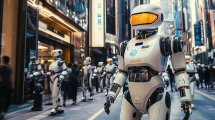 Obraz premium Autonomous robots providing services in a smart city, from public transportation to security, illustrating the future of urban living