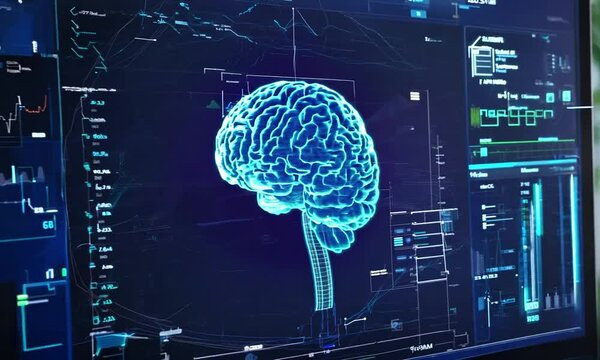 A digital rendering of a human brain on a futuristic computer screen with glowing blue lines.