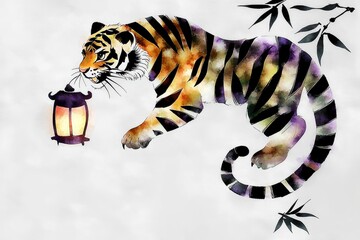 Watercolor Tiger with Lantern and Bamboo