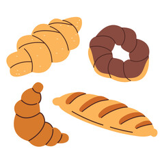 Bakery products set. Homemade bread. Bread, croissant, baguette, muffin, croissant, buns, pretzel, bagel. Vector illustration
