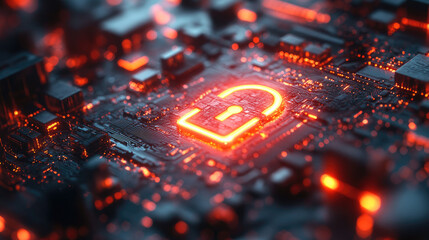 A close-up of an advanced microchip with glowing red symbols, set against the backdrop of dark circuit boards and wires. Created with Ai
