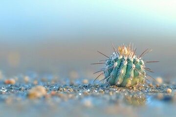 A Single Cactus With Dew Drops on Its Spines Sitting on Gravel