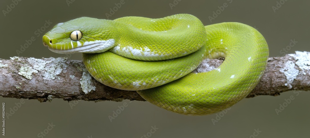Poster vibrant green tree python coiled on a branch, close-up view of reptile in its natural habitat