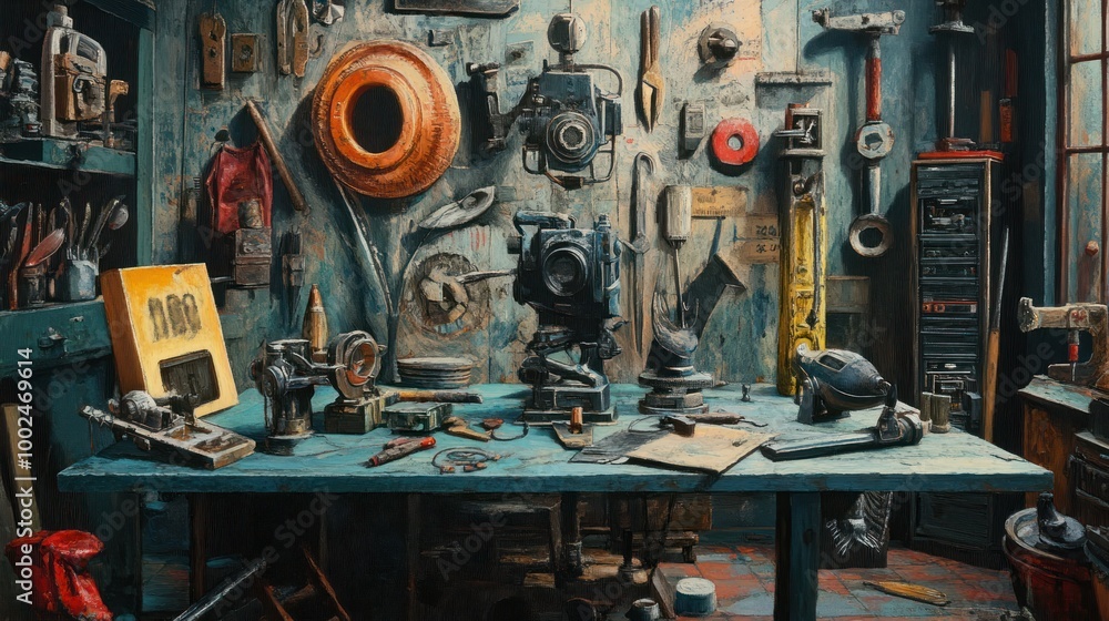 Poster Still Life with Tools and Machinery in a Workshop