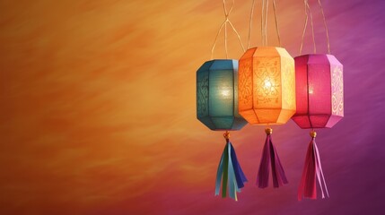 Colorful paper lantern with festive ribbons, set on a gold-and-purple gradient backdrop, copy space, happy Diwali background, traditional, Indian festival