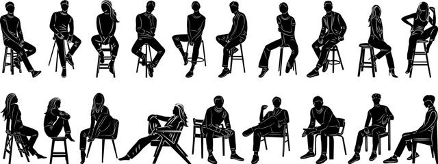 set of sitting people silhouette, vector
