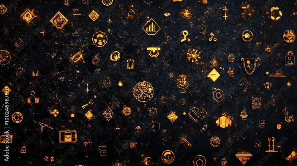 Poster golden symbols of trade success create an intricate abstract pattern on a dark backdrop, representin