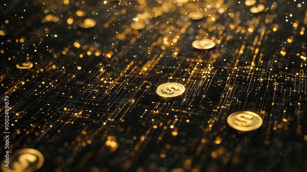 Poster golden symbols of trade success create an intricate abstract pattern on a dark backdrop, representin