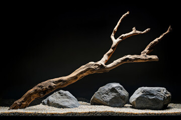 Driftwood and rocks arranged in a minimalist aquarium setting during evening hours