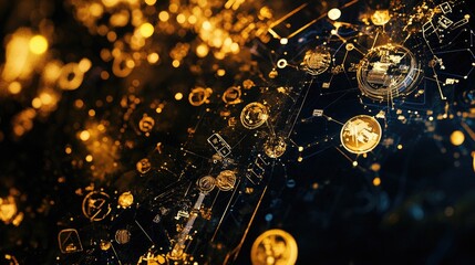Fototapeta premium Golden symbols of trade success create an intricate abstract pattern on a dark backdrop, representing economic growth and opportunity