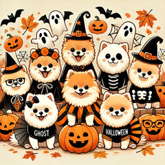 Adorable Pomeranians Dressed in Halloween Costumes with Pumpkins and Ghosts