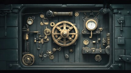 A Steampunk-Style Panel with Gears, Levers, and Dials