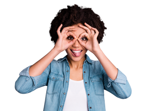 Portrait of charming pretty youth student people enjoy free time weekend rest positive satisfied content make faces fool foolish teen teenager wear stylish trendy jeans isolated grey background