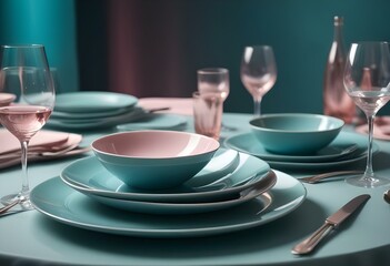 A formal dining table set with plates, glasses, and silverware in a dimly lit room with colorful lighting