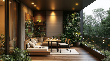 Fototapeta premium Minimalist balcony with clean lines and wood accents
