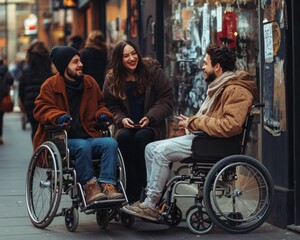 Obraz premium A man in a wheelchair socializes with friends on the street. Accessible environment