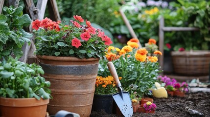 Potted Flowers and Gardening Tools in a Lush Garden Setting