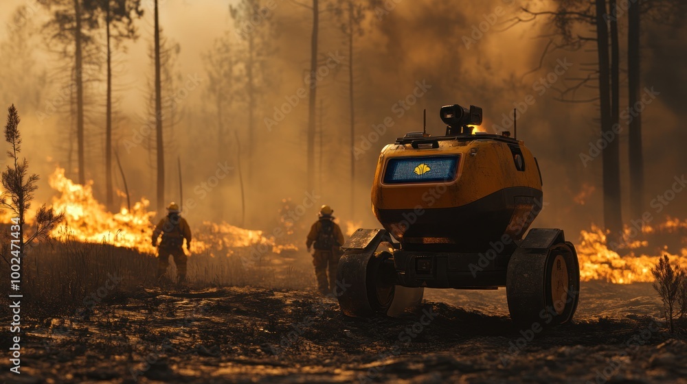 Poster robotic teams working with firefighters to control wildfires, using ai to detect fire hotspots and p