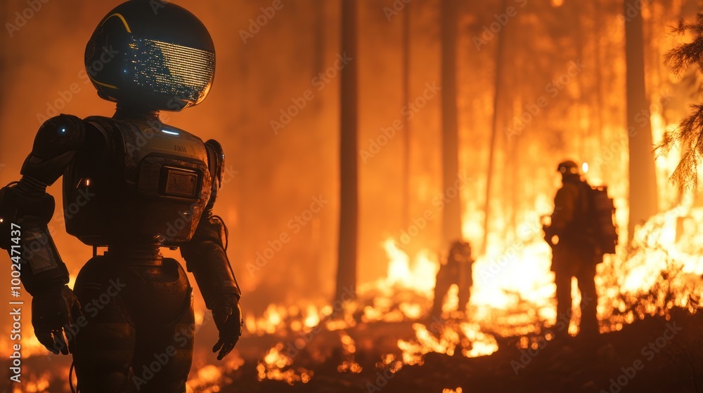 Poster robotic teams working with firefighters to control wildfires, using ai to detect fire hotspots and p