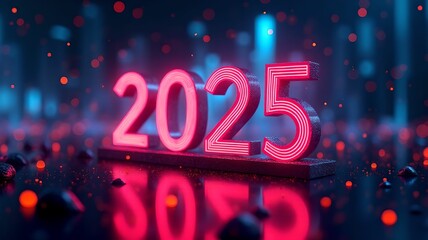 Futuristic New Year concept with neon lights, New Year resolutions and technologies for business 2025