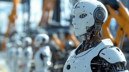 Fototapeta premium Robotic workers in the city efficiently managing construction sites, public services, and transport systems, shaping the future of urban development